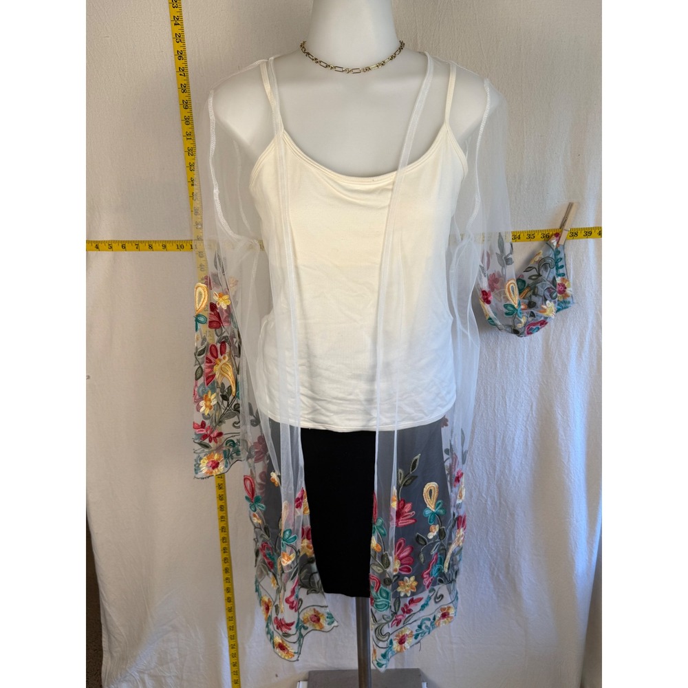 Boho Floral Embroidered Sheer Kimono Cottagecore Duster Women Medium White Mesh